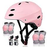 Knieschoner Kinder 7 in 1 Set mit Skaterhelm, SAMIT Inliner Schützer für Kinder Verstellbare Kinder Schutzausrüstung Set (5-12 Jahre) für Skateboard Rollschuhe Scooter Sport Hellrosa+Grau