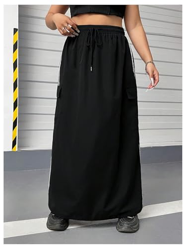 Women's Plus Size Stripe Side Cargo Skirt Drawstring Elastic Waist Maxi Long Skirts4