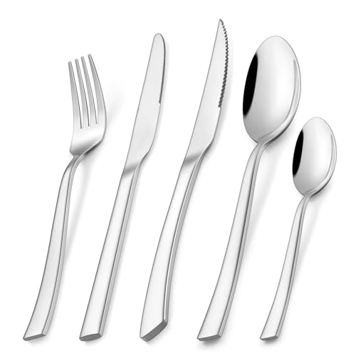 Onader Cutlery Set with Steak Knives, 30 Pieces Stainless Steel Flatware Set Includes Knives Forks Spoons, Elegant Metal Silverware Set Service for 6, Mirrored Polished & Dishwasher Safe
