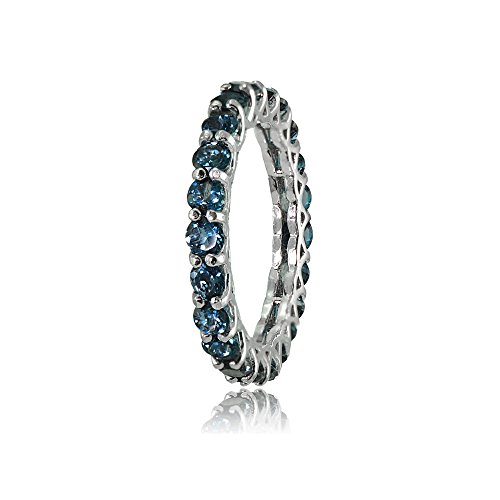 Ice Gems Sterling Silver London Blue Topaz 3mm Round-Cut Eternity Band Ring2