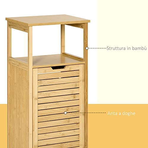 kleankin Mobiletto Bagno con Cesto Multifunzione per Bucato e Giocattoli, in MDF e Bambù, 40x30x86.5cm, Color Naturale