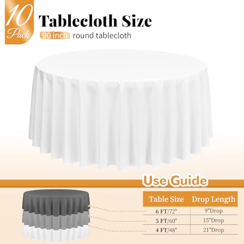 10 Pack White Round Tablecloths,90 Inch Round Table Cloth Washable and Reusable Stain and Wrinkle Resistant Polyester Fabric for Wedding Party Banquet Camping Restaurant Decoration - Image 3