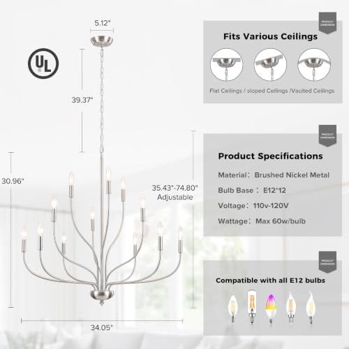 12-Light Brushed Nickel Chandelier Modern Farmhouse Chandelier Lighting Fixture 34'' Industrial Large Candle Chandelier for Dining Room Foyer Hallway Entryway High Ceiling Living Room Bedroom by Xurihuihuang - Used condition - Image 5