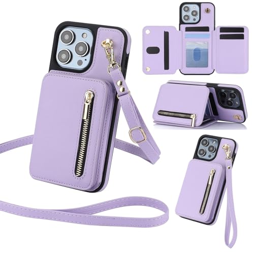 Étui portefeuille iPhone 14 Pro Max violet en cuir avec fermeture éclair