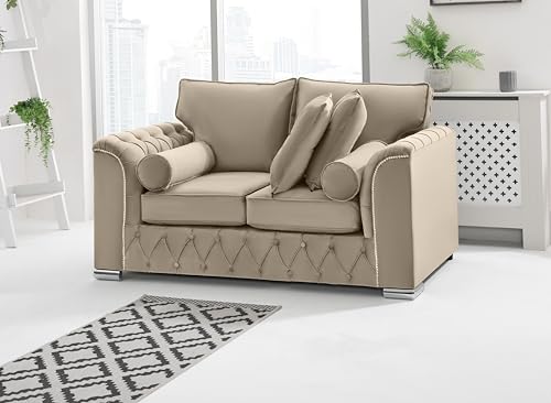 Sofahub Malibu Cream Plush Velvet Sofa Set – Fullback 2 Seater, 3 Seater, 3+2 & Corner Sofas – Diamond Button Tufted Arms, Foam Cushions, Chrome Feet – Modern Living Room Furniture (Cream, 2 Seater)
