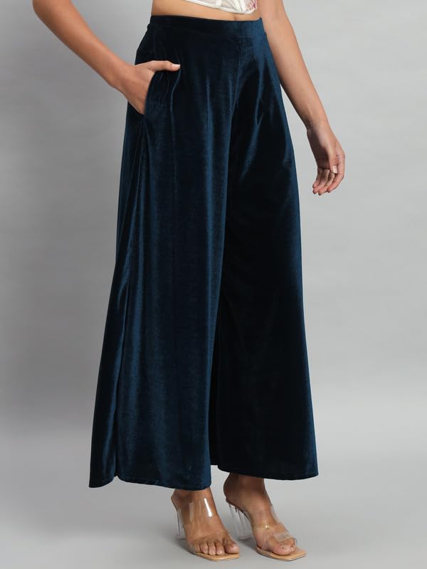 Image of Vaararo Party Trousers for Women | Shiny Velvet Fabric Wide Bottoms Stylish Palazzo Pants