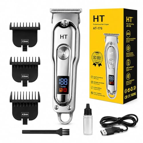 Image of AT-179 Rechargeable Hair Clipper, Golden, T-Blade Design, LED Display, Turbo Mode, with 3 Comb Attachments