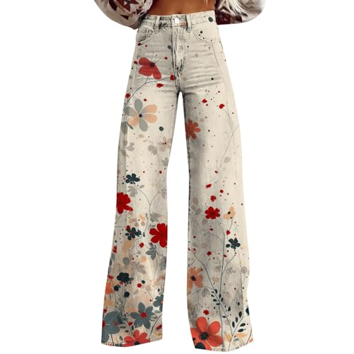 Women Wide Leg Casul Pants Vintage Floral Print High Waisted Straight Stretch Pants with Pockets Denim Vintage Pant