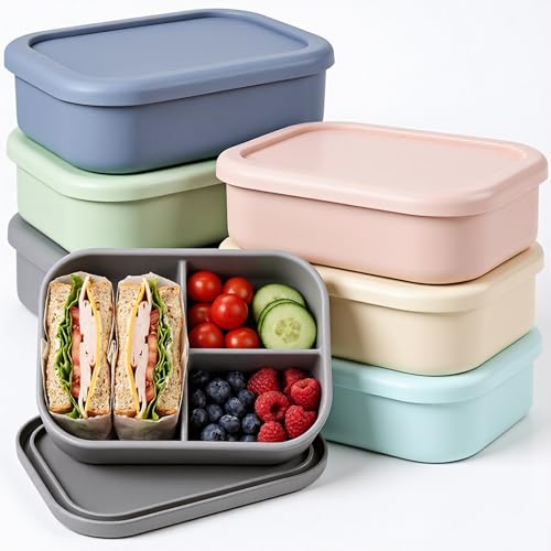 Image of Layhit 6 Pcs Silicone Bento Box for Adults, 27 oz Bento Lunch Container Reusable Food Container for Women Men, Leak Proof Microwave Dishwasher Freezer Safe (3 Compartments,Morandi Colors)
