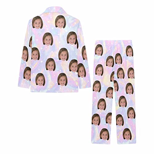 Artsadd Girls Pajamas Set Custom Face Pet Photo Long Sleeve Sleepwear Personalized Printed V-Neck Button-up Pants Nightwear4