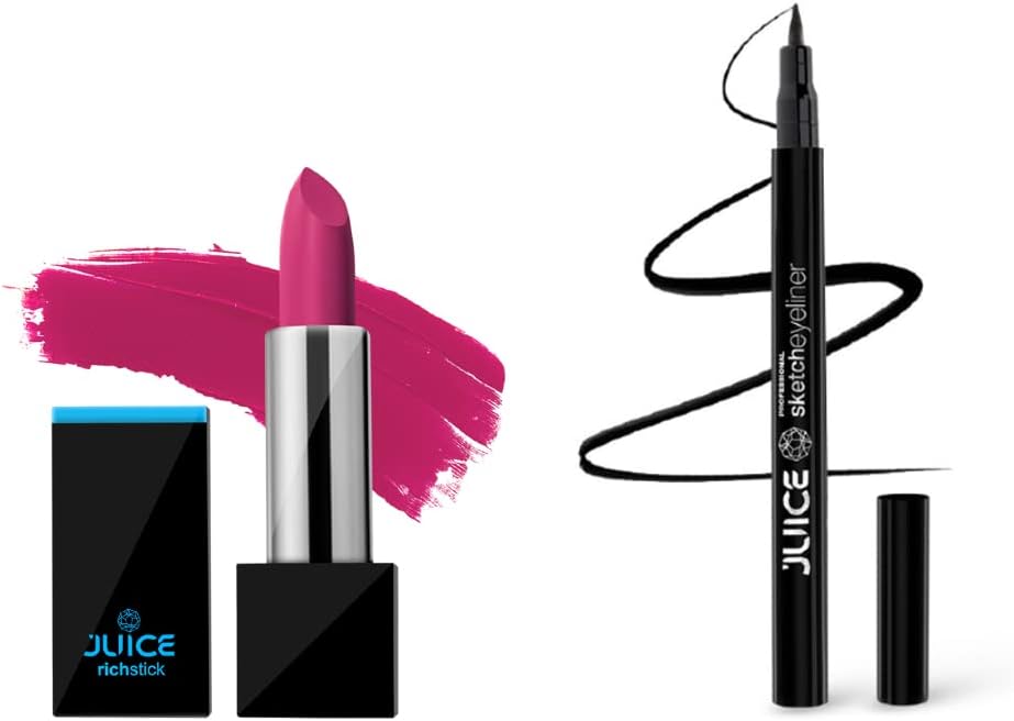 JUICE | SKETCH EYELINER - SE01 & PINK SATIN M-03 RICHSTICK COMBO | WATERPROOF, SWEAT PROOF & SMUDGE PROOF | PACK OF 2 (Pink)