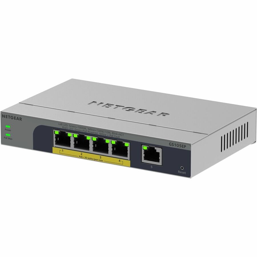 Image of NETGEAR 5-Port Gigabit Ethernet PoE+ Easy Smart Managed Switch - with 4 x PoE+ @ 63W, Fanless, Desktop or Wall Mount (GS105EP)