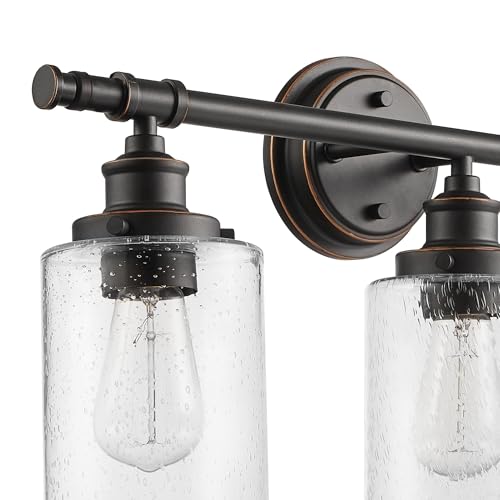 Image of Globe Electric 51415 Camden 5-Piece All-in-One Bathroom Set, 3 Vanity Light with Seeded Glass Shades, Bar, Towel Ring, Robe Hook, Toilet Paper Holder, Bronze