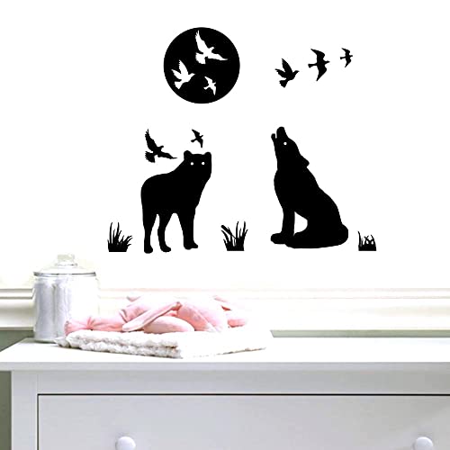 Bibitime Creative Howling Wolf Silhouette Vinyl Stickers Moon Flying Birds Wall Decal For Living Room Porch Cinemas Window Nursery Kids Room Decor Home Art Mural #TOP5
