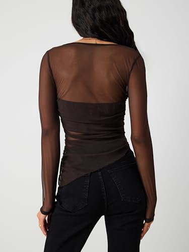 CIDER Going Out Tops Mesh Long Sleeve Top Asymmetrical Neck Sheer Fitted Blouse Tee Crew Neck Tops4