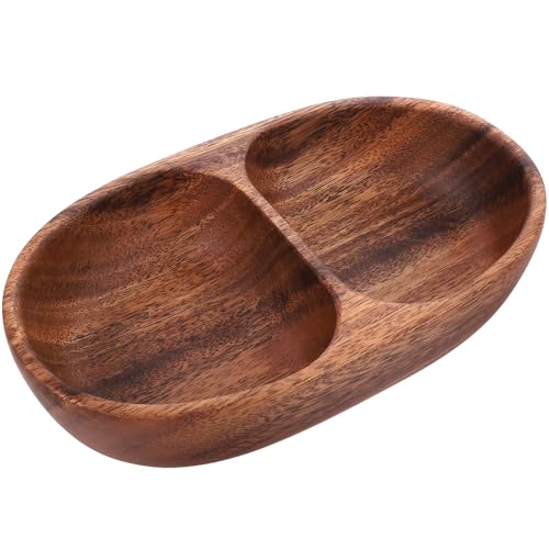 Garneck Wood Divided Snack Plates: 8.2inch Salad Bowl for Food Double Compartment Dinner Dishes Kitchen Serving Tray for Fruits Veggies Candies Nut