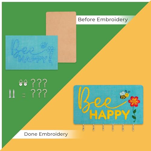Image of picknMAKE Diy Embroidery Keychain Holder Kit - Stitch Bee Happy Design On Stiff Fabric,Assemble On Mdf Panel,Create A Personalized Wall-Mounted Key Organizer With Hooks,Hinges & Complete Tools,Blue