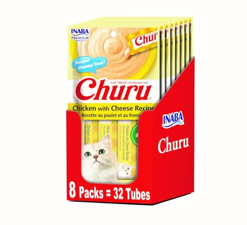Image of INABA Churu Lickable Puree Natural Cat Treats - Chicken with Cheese Recipe (4 Servings per Package, 8 Packages) (32 Tubes)