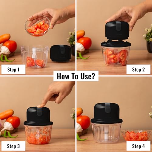 InstaCuppa Rechargeable Mini Electric Chopper, 350 Ml, USB-C Stainless Steel Blades, 1800 Mah Battery And One Touch Operation, For Mincing Meat, Garlic, Ginger, Onion, Black, 45 Watts