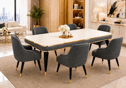Image of WOODEN SPACE 6-Seater Wooden Dining Table Set | Nano Composite Marble Top | Solid Wood Base | Modern Dining Room Furniture with 6 Chairs (Dark Grey Modern Zyro)