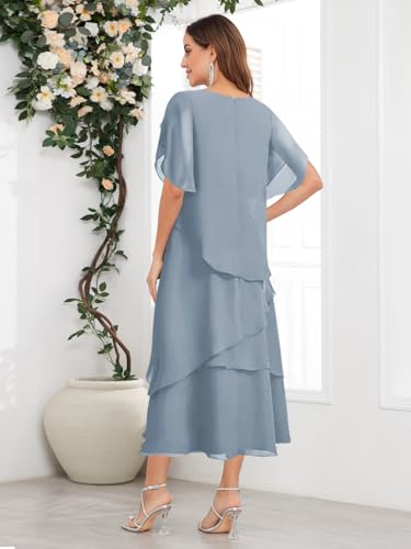 Tea Length Mother of The Bride Dresses Chiffon A-Line Short Sleeve Formal Evening Gown3