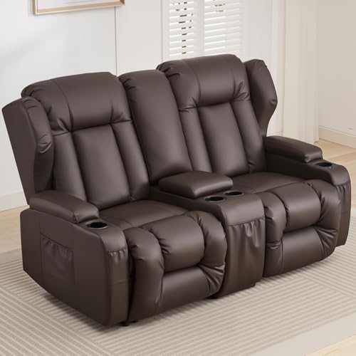 Loveseat Recliner Sofa,RV Couch Wall Hugger Recliners for Small Spaces,PU Leather Reclining Loveseat Sofa Recliner with Cup Holders/Lumbar Pillows,RV Furniture (Brown, Loveseat with Console)