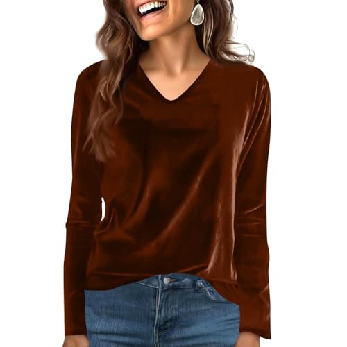 Image of Women's Velvet V-Neck Long Sleeve Top Soft Velour Pullover Sweatshirts Solid Colour Casual Loose Fit Tunic Lightweight Comfortable Blouse for Daily Wear Office and Weekend Outfits 4XL Brown