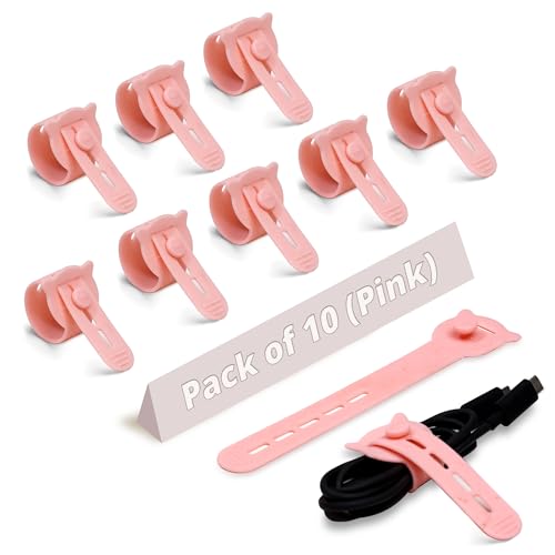Image of LivingBasics 10 Pcs Silicone Reusable Cable Ties /Wire Ties /Adjustable Cable Organizer /Elastic Cord Organizer /Reusable Silicone Cord Straps for Earphones, PC, Wires, Chargers, Desk (Pink)