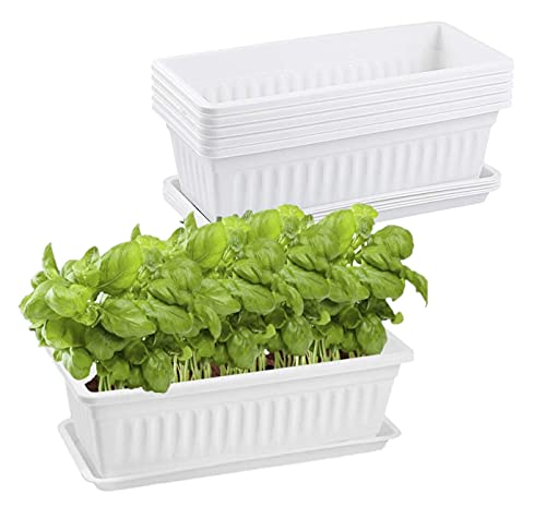 behen bahen 6 Pack 17 Inches Rectangular Planter for Outdoor Plants Window Planter Pots for Outdoor Plants Plastic Vegetable Plant Pot with Trays, for Windowsill, Patio, Porch, Garden, Home (White)