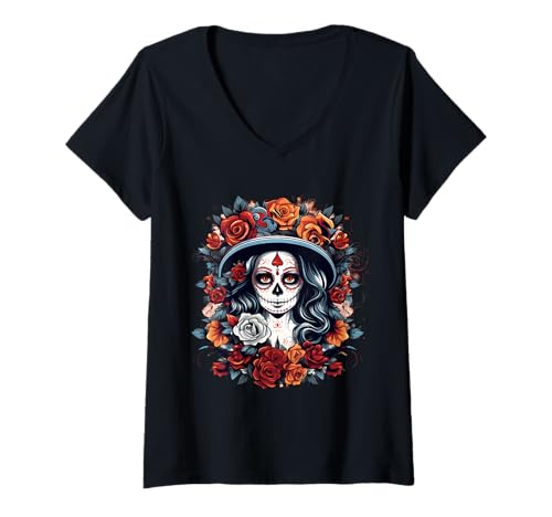 Mujer Camisa Dia de Los Muertos Mujer La Catrina Día de Muertos Camiseta Cuello V