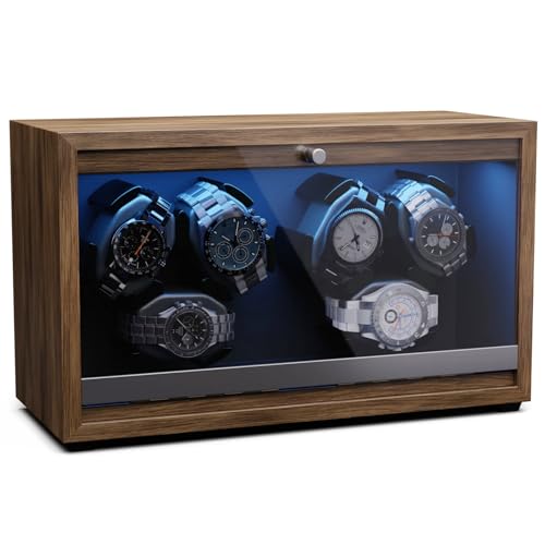 KAIGITE 6 Watch Winder for Automatic Watches, Super Quiet Motor, 4 Rotation Modes with LED Lights, Retractable Pillow, Black Walnut Wood Grain Watches Winder Box for Men and Women Watches