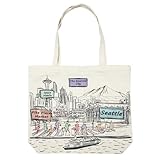 Beary Blu Cities Around the World Artwork Tote Bag Series- Designed in the USA, 17"x14", Double Sided Print, Souvenir & Gift (Seattle)