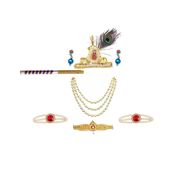 Image of ITSMYCOSTUME Krishna Dress for Baby Boy Kids Set of 10(Dhoti,Patka,Hip Cover,Mukut,Morpankh,Bansuri,Kamarband,Bajuband,Kundal) Little Krishna Ji Kanha Janmasthmi Costume for Kids