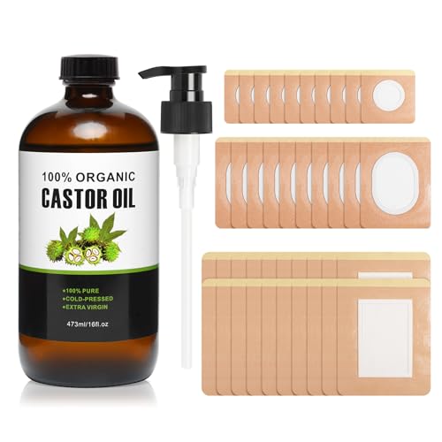 40Pcs Castor Oil Pack Wrap, Organic Cotton Castor Oil Patches and Castor Oils Organic Cold Pressed Unrefined Glass Bottle for Waist Knees Neck Belly Arms
