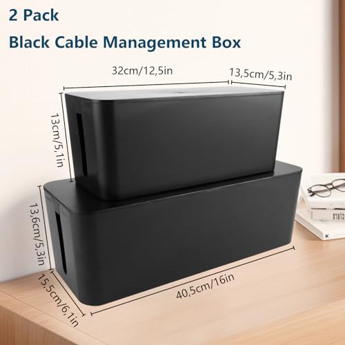 MUXHEL 2 Stück Kabelbox Schwarz, Kabelmanagement Box, Kabel Organizer, Kabel-Versteckbox, Cable box-32 x 13 x 13.5CM & 40.5 x 13.6 x 15.7CM, Robuster Kunststoff 2 Seitliche Kabelführungen