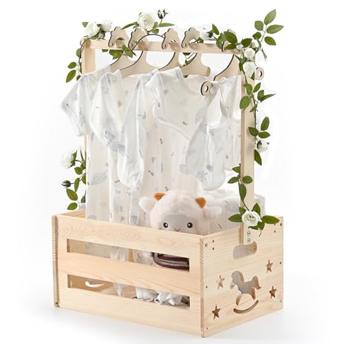 Image of Happyiren Extra Large Wooden Baby Shower Basket with Hanger Rack for Boys Girls, Versatile Baby Shower Crate Closet Gift Basket for Newborns,Cute New Parent Welcome Gift Box Wood Color