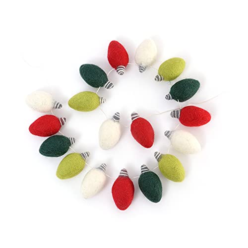Glaciart One Felt Lightbulb Garland - Ideal Christmas & Fall Season Decoration - Arts & Crafts, Stand-Alone Decor - New Zealand Natural Wool, Hand-Felted in Nepal - 18 Fabric Bulbs in 4 Colors