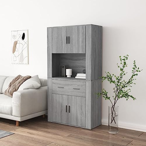 Teenpull Highboard Grey Sonoma Wood Composite 80 x 33 x 70 cm Sideboard with Lots of Storage Space, Modern Buffet Furniture for Living Room, Dining Room Cabinet