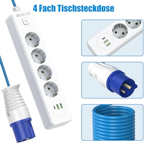 CEE-Adapterleitung 2500W mit 4-Fach Steckdose & USB 2U1C – 5m Camping Kabel (3x1.5mm², blaues Flexkabel) – Für Camping, Küche, Wohnwagen, Zelt – Weiß – Inkl. CEE-Stecker & Schutzkontakt-Kupplung