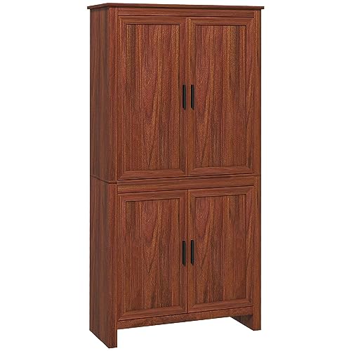 Image of HOMCOM 64" Kitchen Pantry Cabinet, Freestanding Storage Cabinet with 4 Doors and 3 Adjustable Shelves for Dining Room, Brown