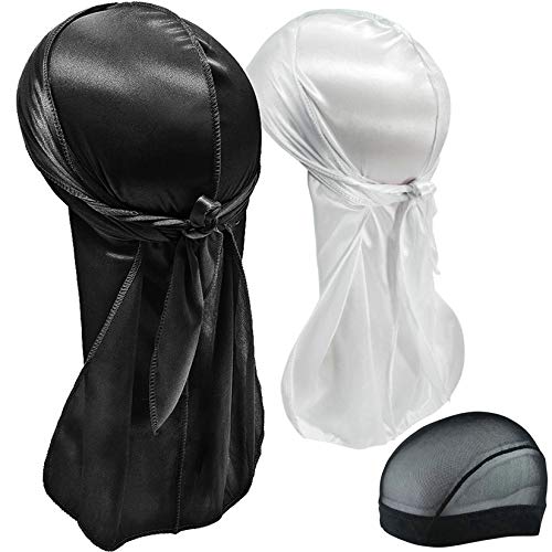 Hairizone - Juego de 2 durags sedosos, cintas para la cabeza (negro y blanco + 1 capucha)