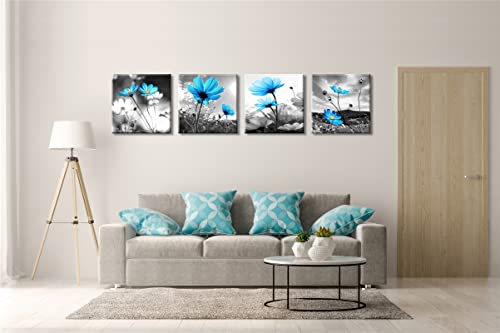 Efask Floral Prints Blue Flower Pictures - Azure Daisy Wall Art Gray Background Posters 4Pcs Framed 12X12Inches Canvas Paintings Decoration Realistic Nature Artwork For Bedroon Bathroom Office Decor #TOP2