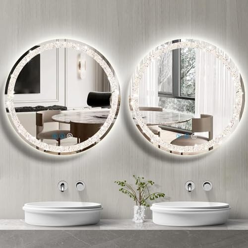 THEKLA 24 Inch Bathroom Crystal LED Round Mirror with Lights Memory 3 Color Dimmable Crystal AntiFog Round Lighted Vanity Mirror for Bathroom Wall 24" Diamond Circle Light up Vanity Mirror with Lights by THEKLA - Image 7