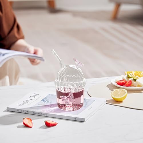 TITA-DONG 2PCS Cute Drinking Glasses with Glass Dome Lid and Straw, Reusable Wide Mouth Smoothie Cups Glass Coffee Iced Cup Tumbler Glass Bubble Tea Cup for Coke Soda Home Office Bar