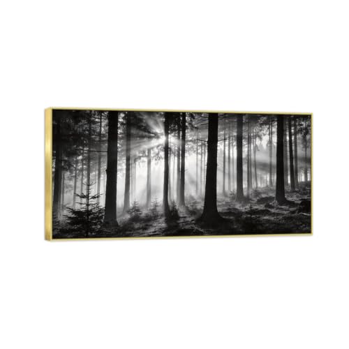 Tableau toile forêt arbre noir et blanc 70x140cm cadre doré OZPWBVY