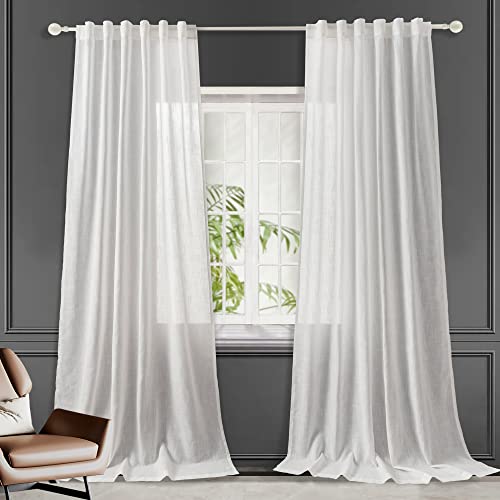 Image of Hoydumuia White Linen Curtains 96 Inch Length Back Tab Loop Pocket Drape Cotton Textured Curtains 2 Panels Set Light Filtering Semi Sheer Linen Curtain for Living Room Bedroom Farmhouse 52x96