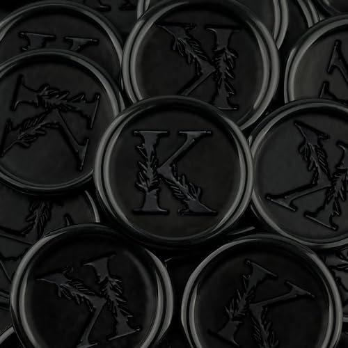 25Pcs Black Wax Seal Stickers Handmade Vintage Botanical Leaves Adhesive Letter Wax Stickers for Wedding Party Invitations, Envelope, Gift Wrap, Christmas(Initial K, Black)