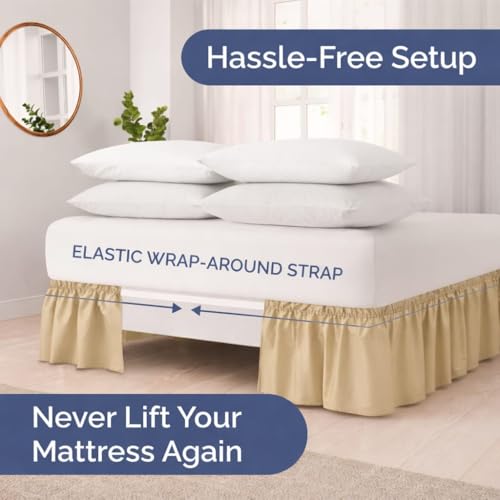 Image of Bed Skirt - Wrap Around Dust Ruffle Bed Frame Cover with Easy Fit Elastic Strap, Queen Size 24 Inch Drop, Microfiber Pleated, Machine Washable | Beige