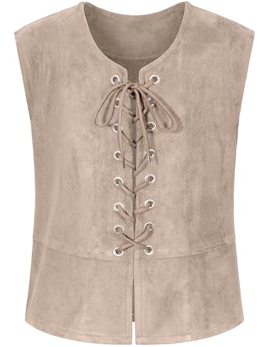Kids Pirate Renaissance Vest for Boys Costumes Medieval Viking Steampunk Gothic Waistcoat Halloween Cosplay 12-14Years Beige