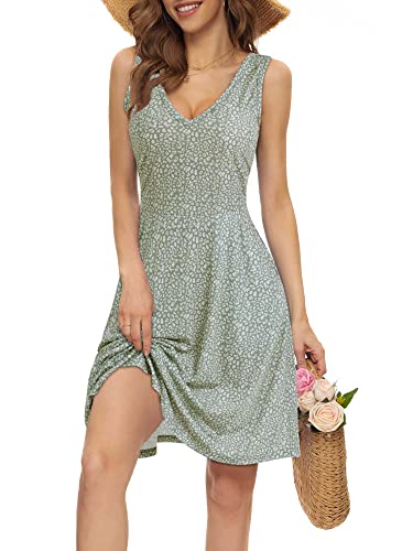 Huhot Womens Spring Dress Sage Green Dress Sleeveless Midi Flowy Summer Dresses With Pockets #TOP2